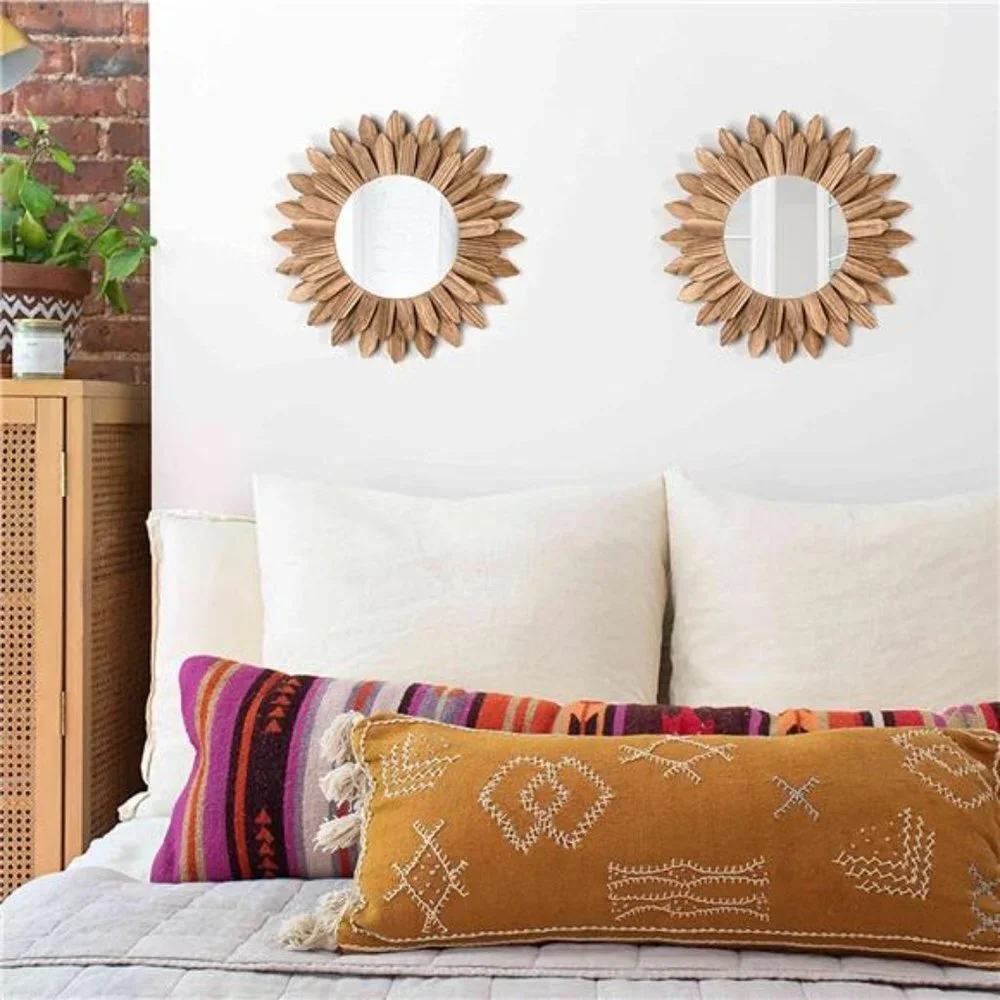 Wall Mirror Decorative 12 inch Rustic Wood Mirror Sunburst Boho Mirror